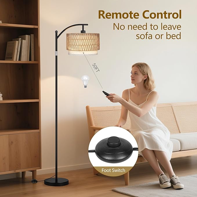 ROTTOGOON Arc Floor Lamps for Living Room, Boho Farmhouse Floor Lamp with Remote & Dimmable Bulb, Standing Lamp with Rattan & Fabric Shades, Adjustable Tall Lamp for Bedroom Office-Black