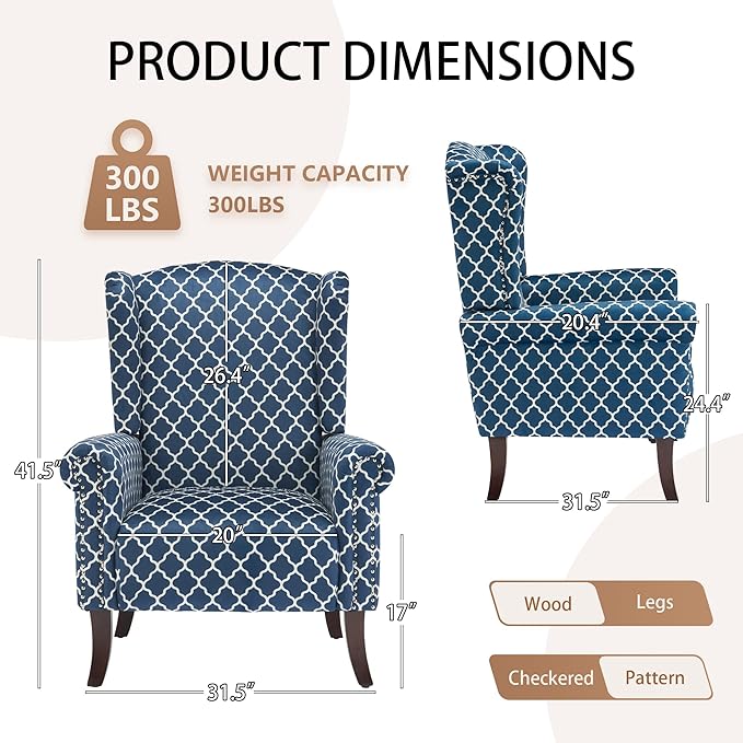 Plaid Accent Chair Set of 2, Mid-Century Modern Wingback Armchair Club Sofa Chair Living Room Chair for Bedroom, Balcony, Lounge (Blue Check)