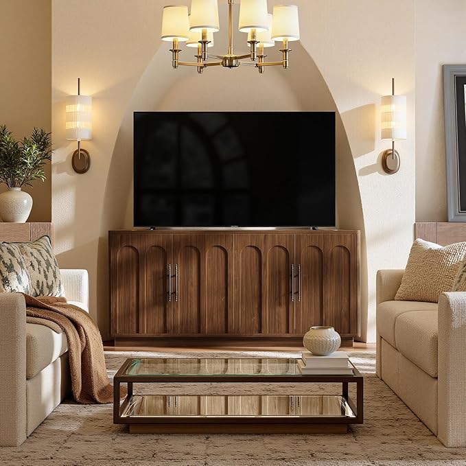 Evermagin 67" Arched Walnut Buffet Cabinet with Storage, Large Credenza with 4 Doors, Wood Mid Century Modern Sideboard for Kitchen and Living Room (67"*31.5"*15.7")