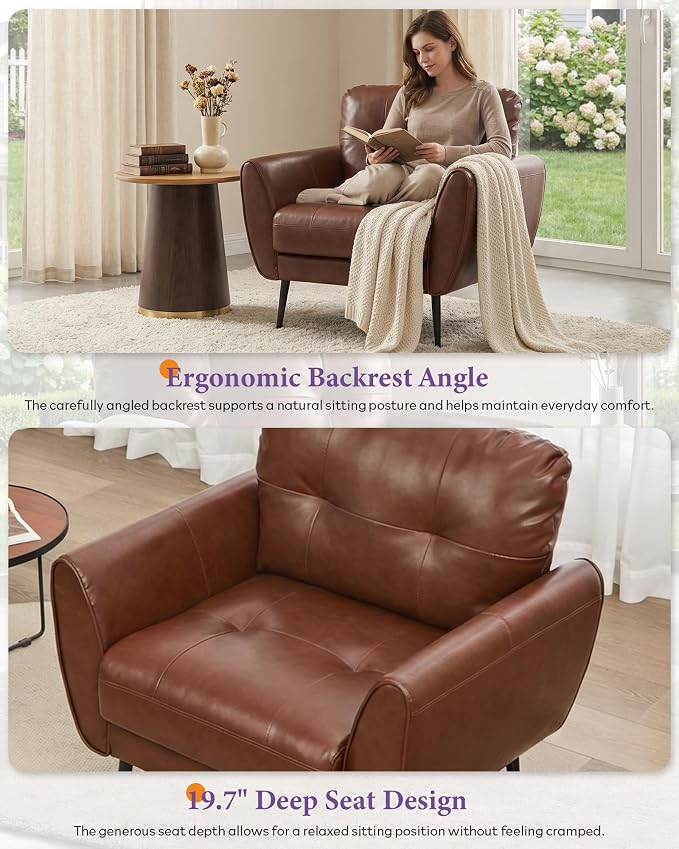 TYBOATLE Accent Chair, Comfy Modern Living Room Brown Leather Reading Accent Chairs Tufted Mid Century Arm Chair Small Salon Chair for Office Bedroom(1, Brown)