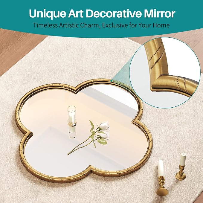 Vintage Wall Mirror Decor - 31.5" Large Antique Retro Gold Four-Leaf Clover Mirror with Rope-Like Frame, Wall Decorative Mirrors for Living Room, Bedroom, Fireplace, Bathroom