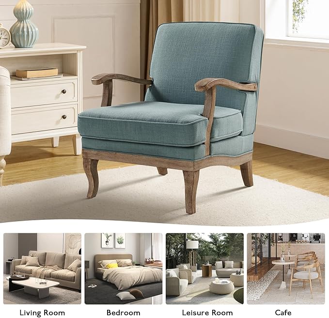 HULALA HOME Mid-Century Modern Accent Chair, Upholstered Lounge Arm Chair with Solid Wood Legs and Armrest, Removable Cushion Comfy Retro Reading Armchair for Living Room, Bedroom, Balcony, Blue