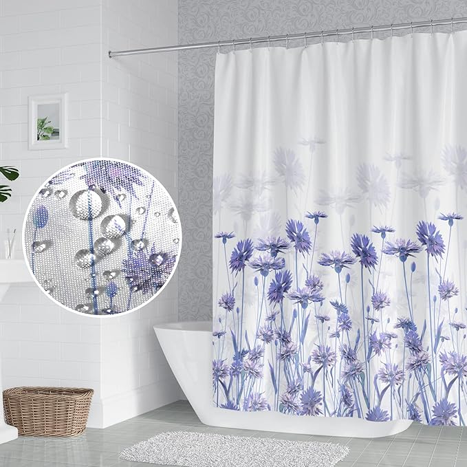 Purple Flower Shower Curtain for Bathroom - Spring Floral Nature Wild Botanical Waterproof Polyester Fabric - Modern Art Aesthetics Home Decor With Hooks, 72x84 Inch