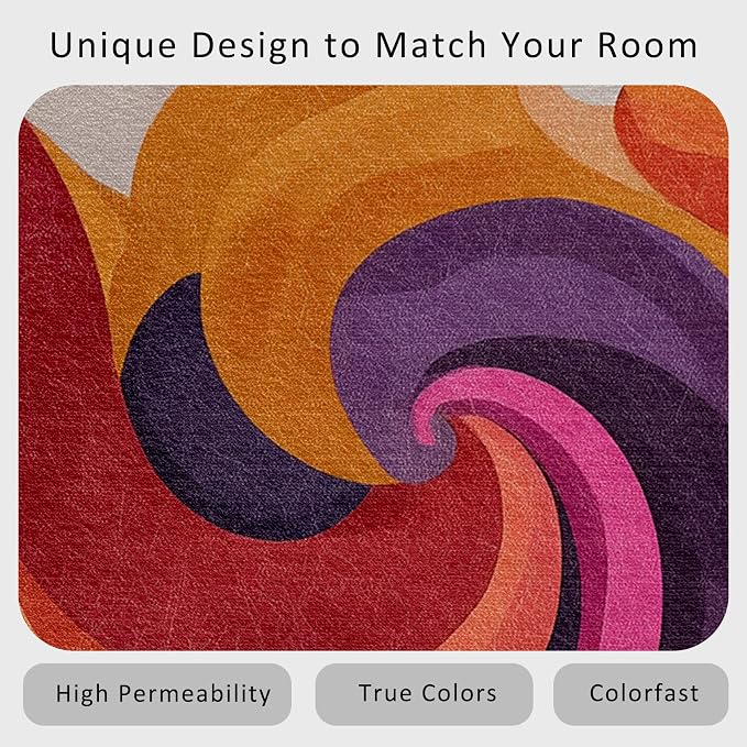 70s Rug Large 8x10 Retro Funky Hippie Psychedelic Swirl Pattern Area Rugs for Living Room, Bedroom, 70s Home Decor Accessories Indoor Carpet, Non Slip & Machine Washable, GD0403