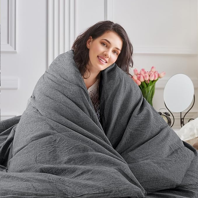 NEXHOME PRO Duvet Cover Twin 100% Washed Cotton, Heathered Black Breathable, Durable, Textured, Linen Like, Home Bedding Set 68"x90"