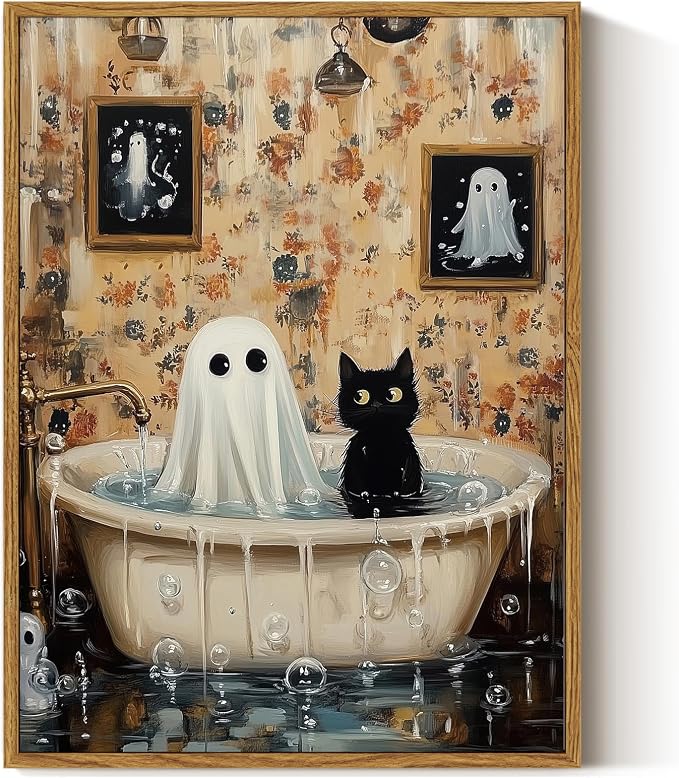 ARPEOTCY Vintage Framed Canvas Wall Art, 12x16 Inch Ghost & Cat Halloween Bathroom Wall Art, Retro Print Artwork for Living Room Gallery, Vintage Spooky Picture Home Decor Aesthetic