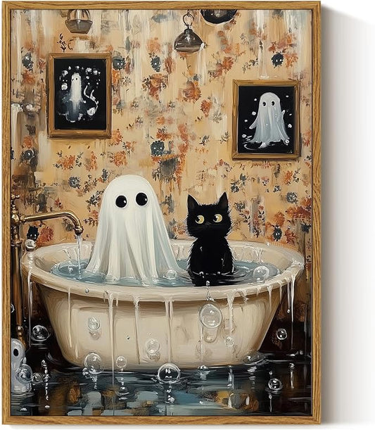 ARPEOTCY Vintage Framed Canvas Wall Art, 12x16 Inch Ghost & Cat Halloween Bathroom Wall Art, Retro Print Artwork for Living Room Gallery, Vintage Spooky Picture Home Decor Aesthetic