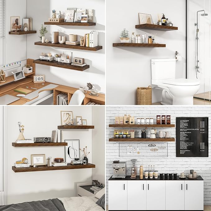RICHFOCUS 72Inch Floating Shelves for Wall 2 Pack Shelves for Bedroom|Kitchen|Bathroom Wall Mounted Rustic Wood Floating Shelf with Invisible Brackets for Books|Storage|Decor, Rustic Brown
