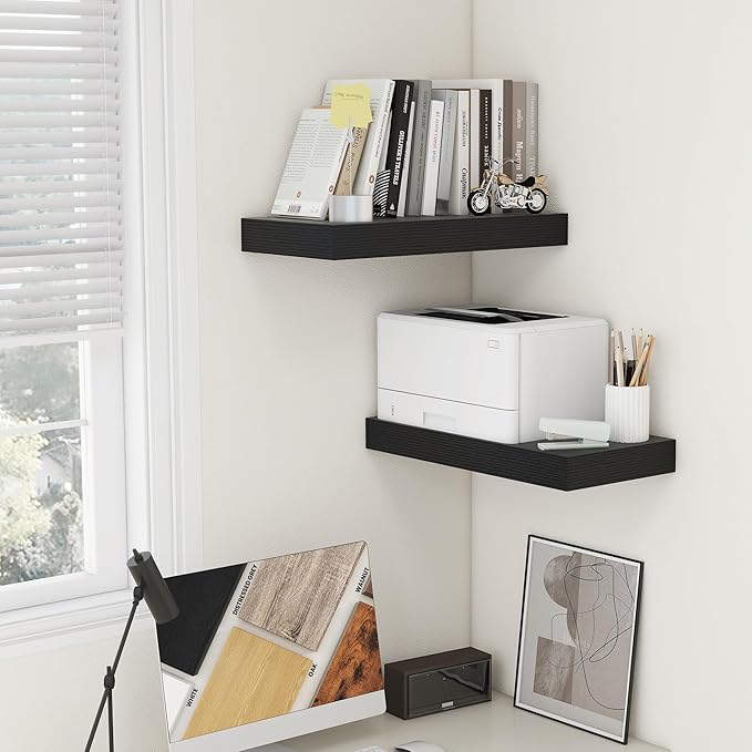 Deep Floating Shelves | 24 Inch Black Floating Shelves Set of 2 | 12 Inch Deep Rustic Wood Shelves for Wall | 24" W x 12" D Black Shelves for Living Room Bathroom Laundry Room Kitchen