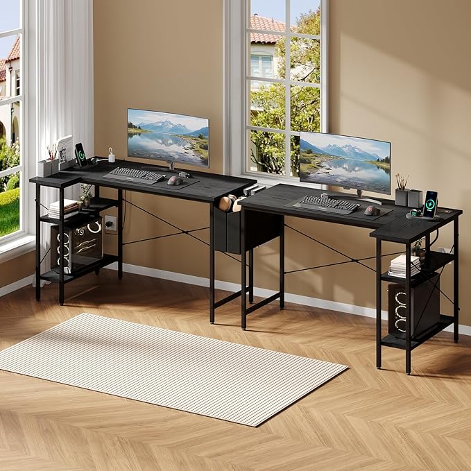 DUMOS 39" Corner Gaming Desk, L Shaped Computer Desk with 3AC+2USB+1Type-C Power Strip, Storage Shelves & Side Hanging Fabric Organizer, Black Gaming Workstation for Home Office and Bedroom