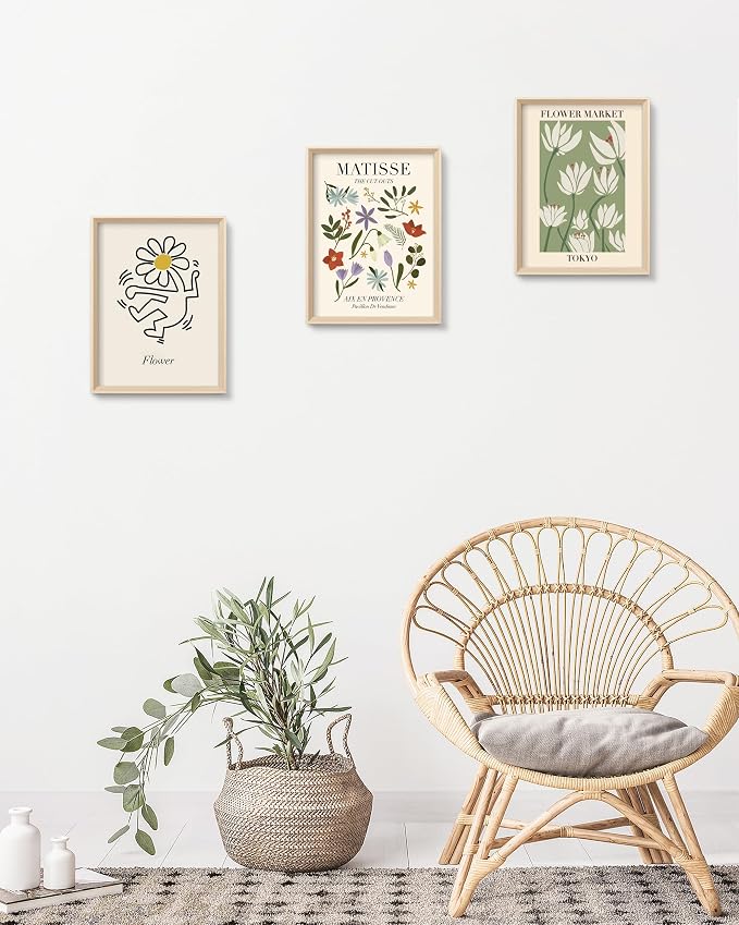 Framed Matisse Canvas Wall Art for Bedroom,Abstract Matisse Canvas Wall Decor,Minimalist Classic Decor Aesthetic,16x12IN Wood High Framed Design Posters for Living Room,Bathroom Set of 3