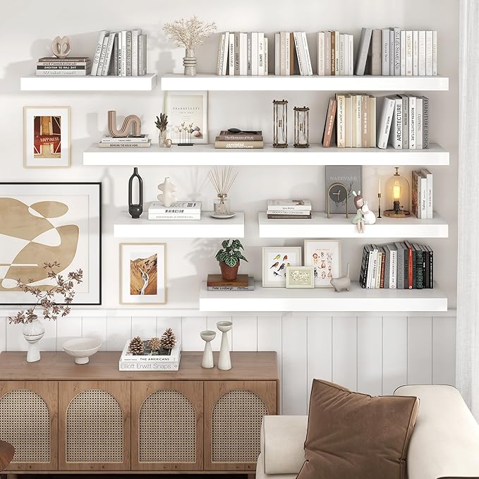 Floating Shelves for Wall, 24 Inch Wide x 12 Inch Deep Floating Shelves, Long Wood Floating Wall Shelf Shelves for Living Room Bathroom Bedroom Kitchen Home - (White, 24" W x 12" D x 2" H)