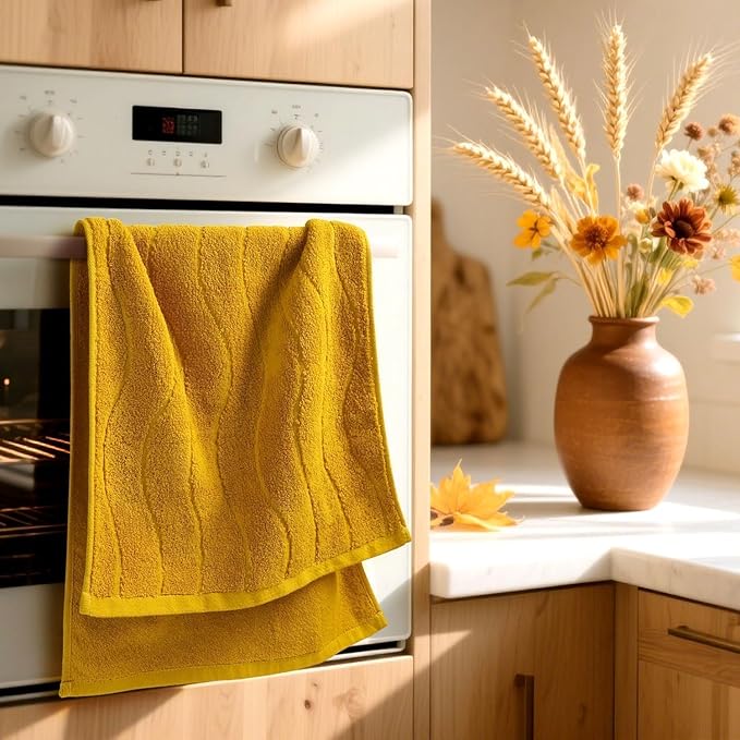Jacquotha Wavy Striped Cotton Hand Towels, Set of 2, Dry Your Hand Instantly, 13x29 Inches, Mustard Kitchen Bathroom Towel