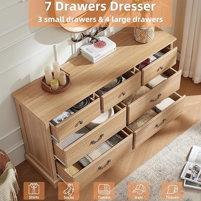 Farmhouse 7 Drawer Dresser for Bedroom, 57" Wide Wood Rustic Chest of Drawers, Farmhouse Chest of Drawers for Bedroom, Wood Drawer Organizer for Bedroom, Hallway, Natural