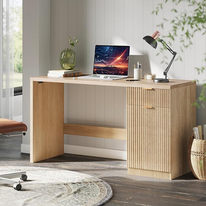 Garvee 60" Fluted Executive Desk with Drawer, Wood Fluted Computer Desks with Storage Cabinet, Home Office Desk Workstation, Farmhouse Desks for Living Room, Bedroom, Natural Oak