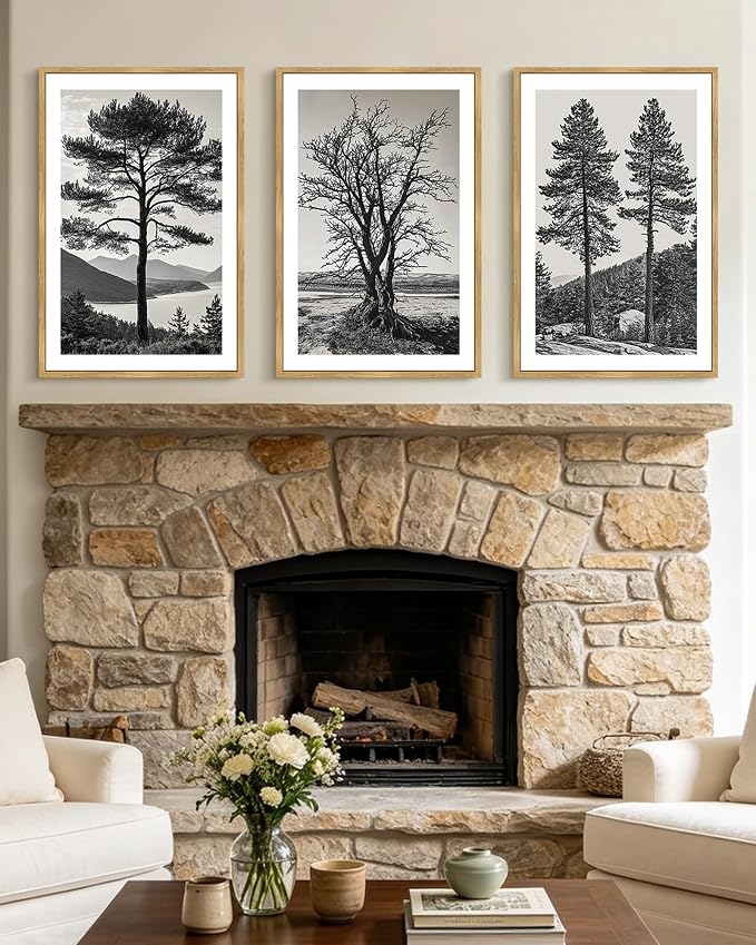 KUVIOKE Vintage Tree Framed Canvas Wall Art Black and White Retro Antique Forest Drawings Nature Wilderness Sketch Wall Painting Modern Decor 16x24in (Natural Framed)