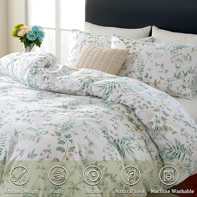 100% Cotton Duvet Cover Set King Size Vintage Chic Style Green Floral Duvet Cover Lightweight Floral Bedding Set with Zipper Closure for All Season, Exquisite, Ultra Soft