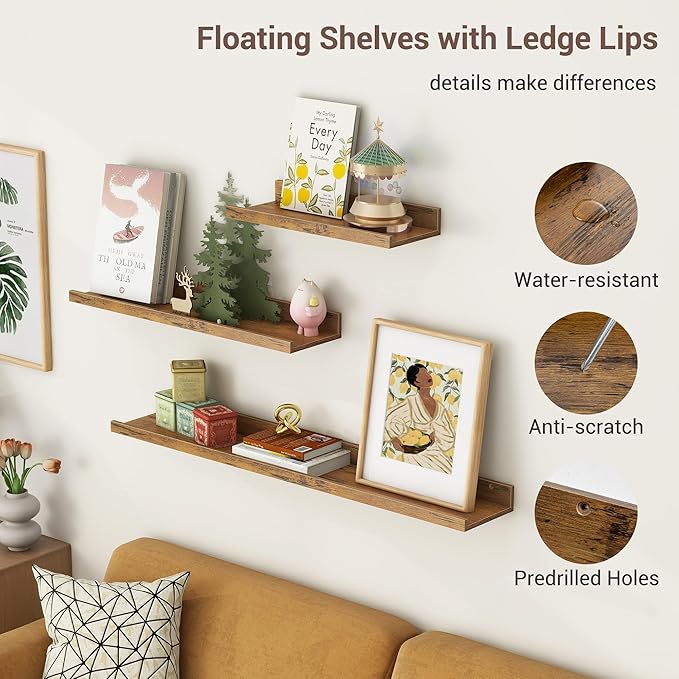 Axeman Picture Ledge Shelf | 24 Inch Brown Floating Shelves Set of 3 | Rustic Brown Wood Wall Shelves with Lip | 24" Picture Shelf for Wall with Ledge | Photo Shelves