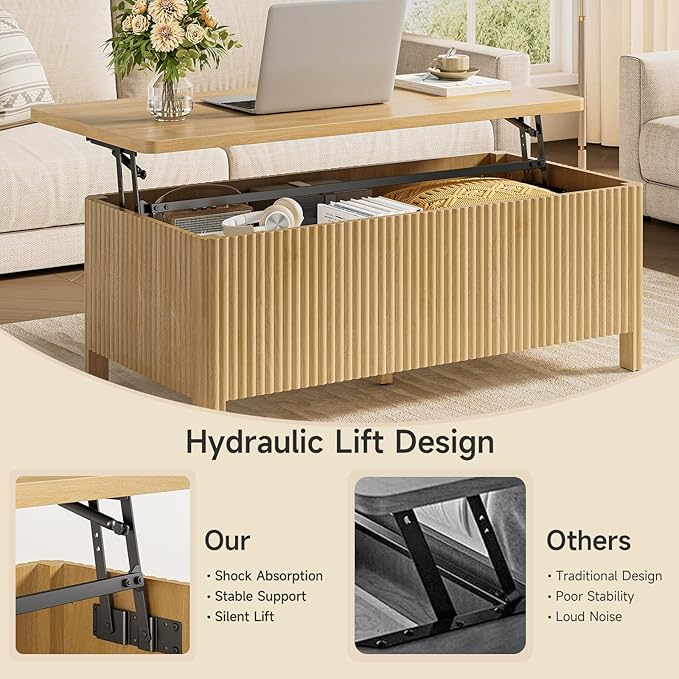 ONBRILL Fluted Lift Top Coffee Table with Storage, Mid Century Modern Coffee Table with Hidden Compartment, Rising Top Wood Center Table for Living Room, Home Office, Rounded Edges (Natural Oak)