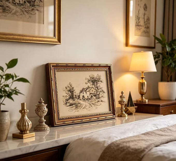 Vintage Gold Framed Farmhouse Sketch Wall Art，Retro Country Cottage with Cattle Canvas Prints, Antique Rural Farm Scene Drawing Poster Artwork for Living Room Bedroom Kitchen Wall Decor，12x16in