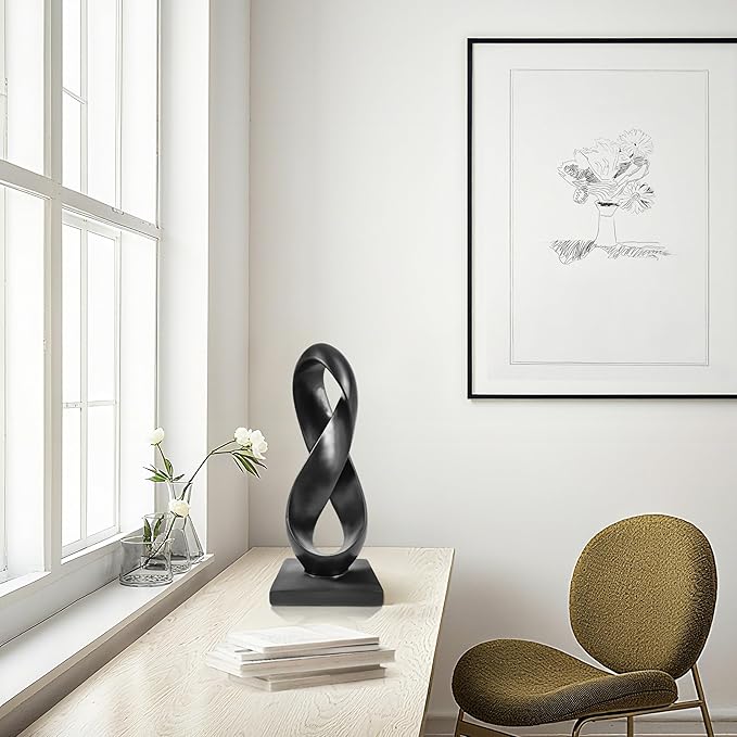 SIMON'S SHOP Black Modern Abstract Sculpture, 14.5'' Tall Minimalist Figure Eight Tabletop Statue, Hand-Painted Resin Accent Decor for Home or Office