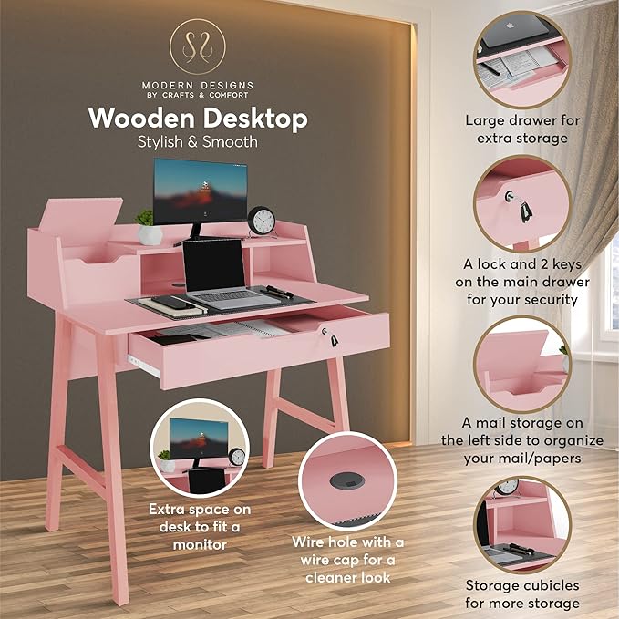 Modern Design Roma Small Desk for Bedroom, 40 inch Pink Writing Desk with Hutch and Locking Drawer, by Crafts and Comfort