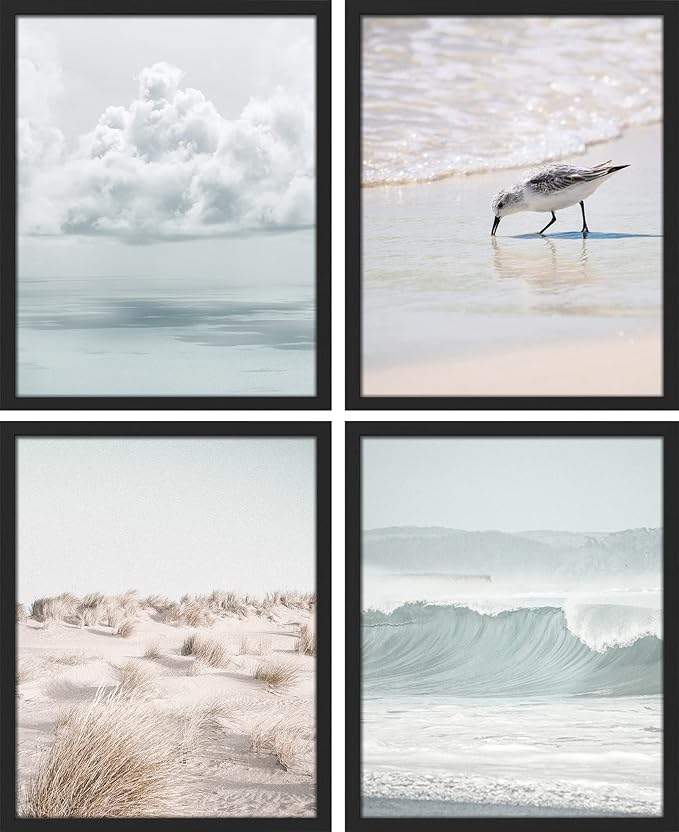 SIGNWIN Framed White Nautical Ocean Sea Beach Grass Seagull Wall Art, Set of 4 Landscape Colorful Wall Decor Prints, Nature Wilderness Wall Décor for Living Room, Bedroom - 11"x14" Black