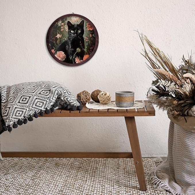 TFKFJLF Moody Black Cat Framed Wall Art Decor, Floral Gothic Wooden Wall Art Prints Artwork, Vintage Decoration, Cottagecore Hanging Room Door Decor for Cat Lovers Bedroom Living Room, 10x10 Inch