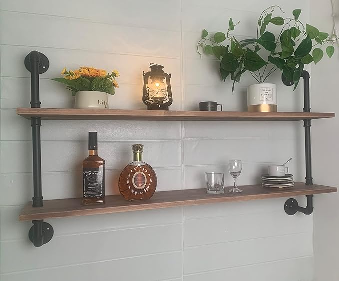 HDDFER Pipe Shelves Industrial Pipe Shelving Real Wood Industrial Floating Shelves with Wood Planks 48 inch Wall Shelves Rustic Hanging Bookshelf Farmhouse Kitchen Bar Shelving