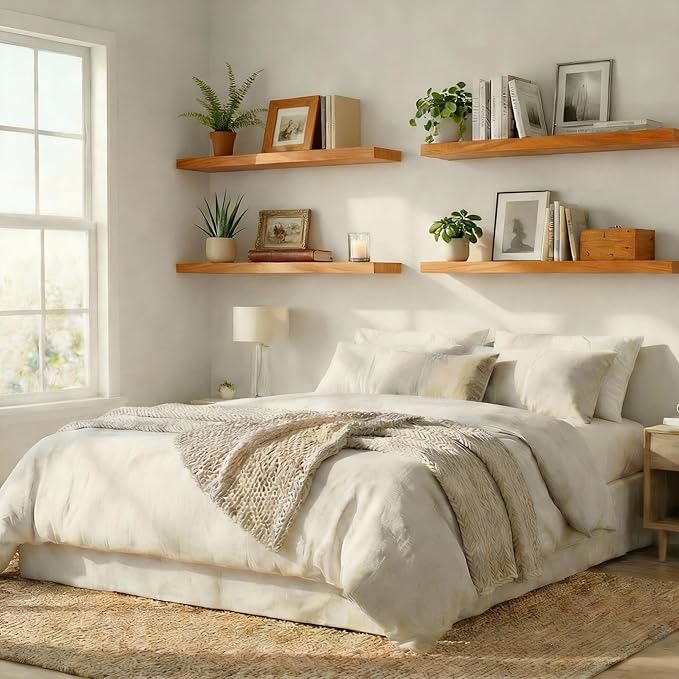 IEO Long Wooden Floating Shelves for Room Wall, Natural Wood Floating Shelves Wall Mounted Kitchen Shelf for Living Room, Bedroom, Kitchen,Bathroom, Storage (Honey Oak, 48in 4tier)