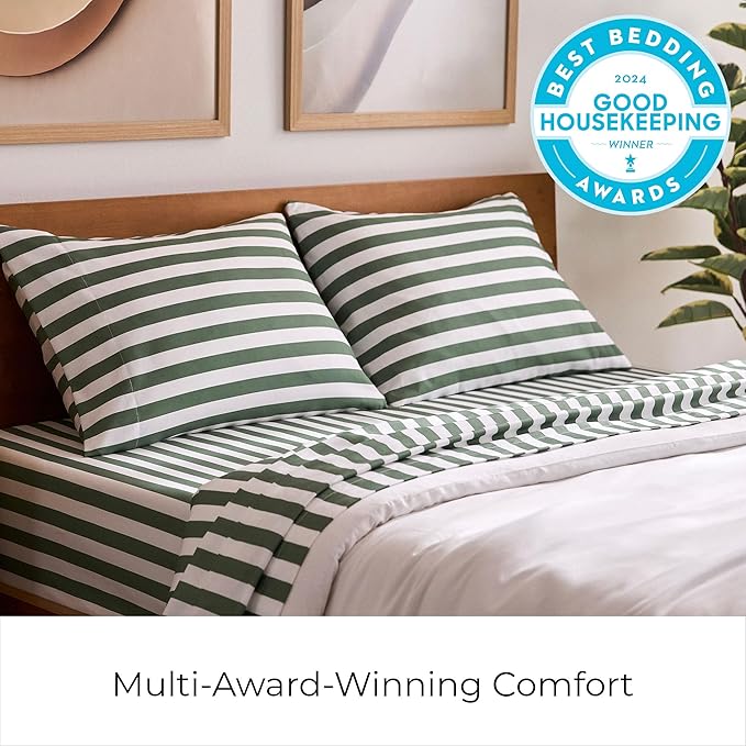 Mellanni Split King Sheets Set - 5 PC Iconic Collection Bedding - Hotel Luxury, Extra Soft, Cooling Bed Sheets - Wrinkle, Fade, Stain Resistant (Split King, Oxford Stripe Sage)