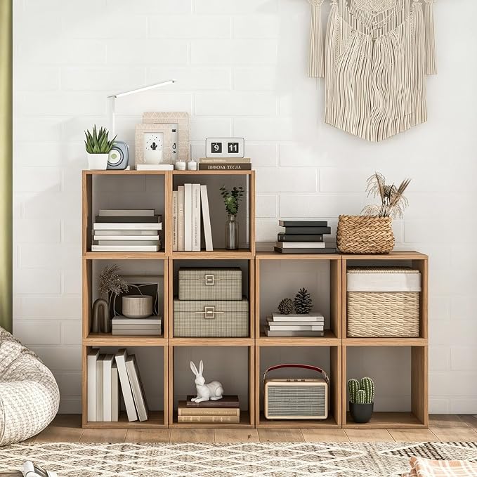 2 Stackable Cubes Bookcase, Wooden Cubby Storage Organizer with Anti-Tipping Device, Small Book Shelf for Small Space, Combination Square Bookshelf Cubes (2, Natural)
