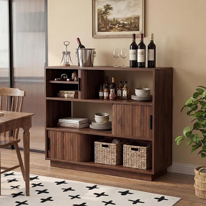44" Fluted Sideboard Buffet Cabinet with Sliding Doors & Adjustable Shelves, 3-Tier Mid-Century Modern Storage Credenza for Living Room Kitchen Entryway, Wood Coffee Bar Console Table