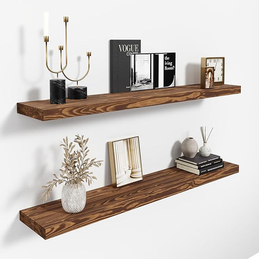 Howizz 36'' Wood Floating Shelves for Wall, Acacia Wood Wall Mounted Shelves with Invisible Brackets, Rustic Wooden Shelf Set of 2 for Living Room, Bedroom, Bathroom, Kitchen Decor, Light Walnut