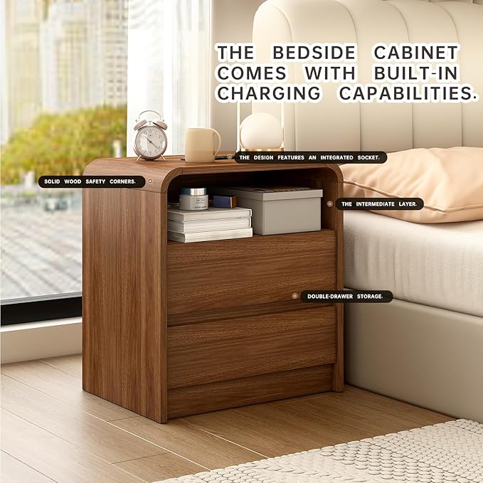 Modern Nightstand, 23.6-Inch Wide with Charging Station & Curved Anti-Collision Design, Mid-Century Storage Cabinet, Pre-Embedded Slots, Sturdy & Reusable, Ideal for Dorm, Sofa, or Office (1)