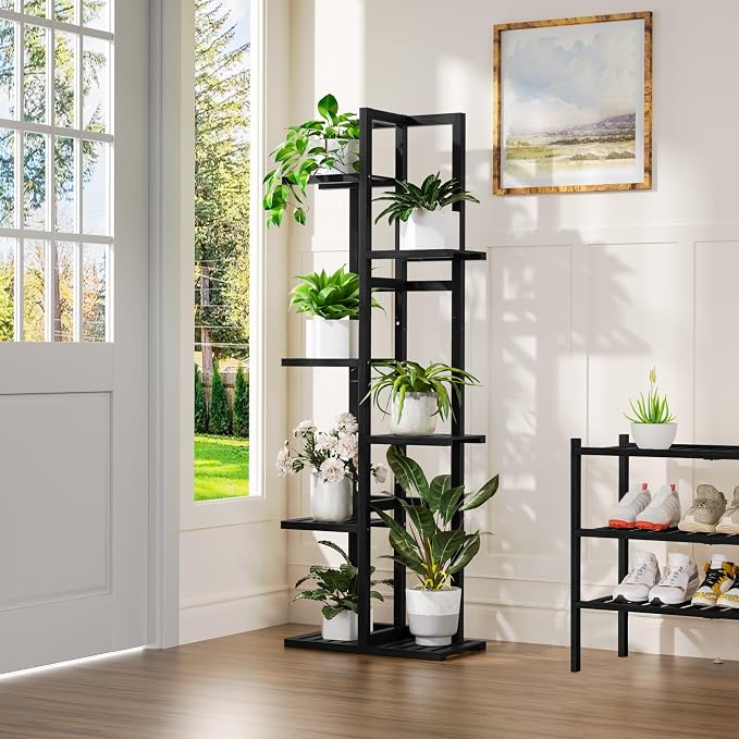 ROMGUAR CRAFT 6 Tier Bamboo Plant Stand Indoor, Wood Tall Flower Holder Corner Tiered Plant Shelf for Multiple Plants (Black)