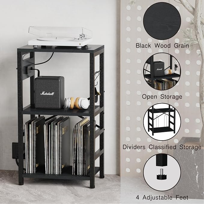 YAKANJ End Table with LED Light,Record Player Stand with Charging Station,Vinyl Records Storage,Turntable Stand Albums Storage for Music Room Studio-Industry Black