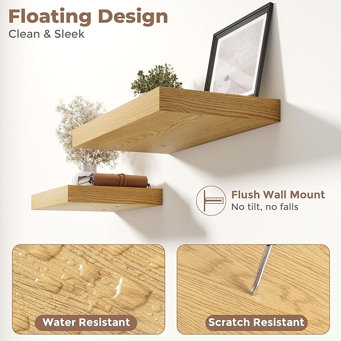 48 Inch Long Floating Shelves for Wall Set of 2, 12"D Wood Grain Bathroom Shelves with Invisible Brackets, Easy Install Engineered Wood Storage Shelves for Kitchen, Living Room, Bedroom, Oak Finish