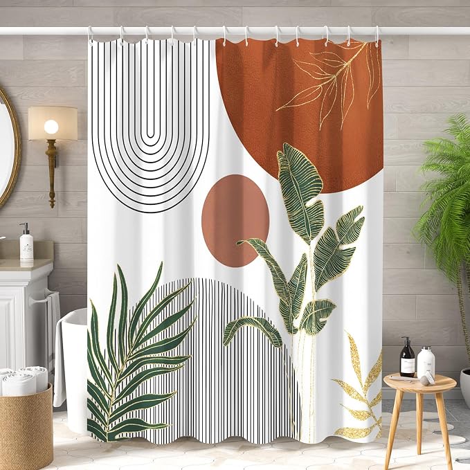 Mid Century Boho Shower Curtain, Abstract Modern Sun Minimalist Aesthetic Shower Curtain, Bohemian Geometric Arch Curve Leaves Neutral Art Fabric Bathroom Curtain Orange 72x72 inch