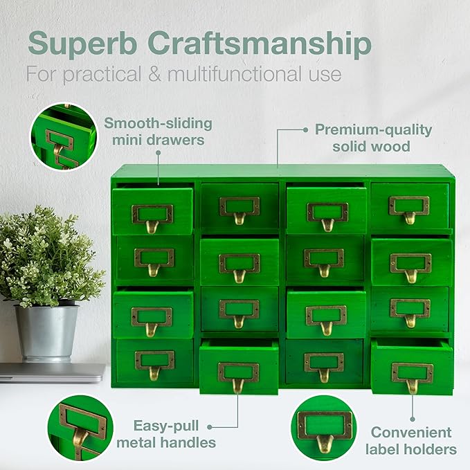 Emerald Green Wood 16-Drawer Apothecary Small Cabinet - 20"x3.6”x14” Card Catalog Style Table Top Organizer - Wooden Storage Box w/16 Drawers - 4-Level Countertop Organizer w/Label Holders & Handles
