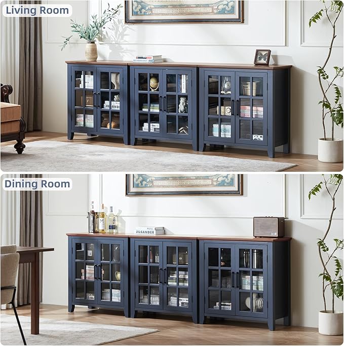 Large Sideboard Buffet Cabinet with Storage, 32" Farmhouse Kitchen Coffee Wine Bar Cabinet with 2 Glass Doors, Wood Mid Century Modern Side Board Table for Dining Room, Living Room, Navy Blue