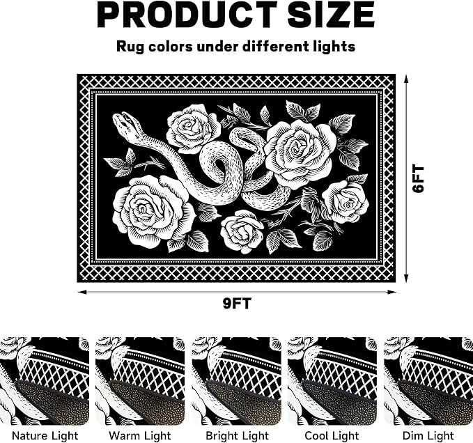 6'x9' Gothic Snake and Rose Area Rug Black and White Floral Vine Floor Mat Retro Boho Carpet Washable Low Pile Indoor Rugs for Entryway Bedroom Living Room Kitchen Home Decor