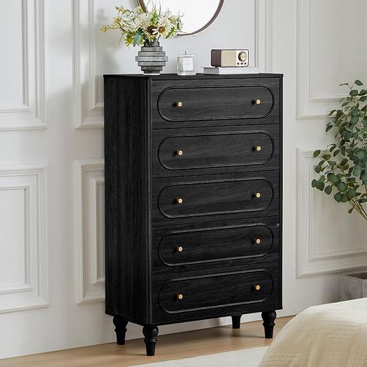 ORRD Fluted 5 Drawer Dresser for Bedroom, Mid Century Modern Chest of Drawers, Wood Storage Large Dresser Organizer for Bedroom Living Room Hallway Closet, Black