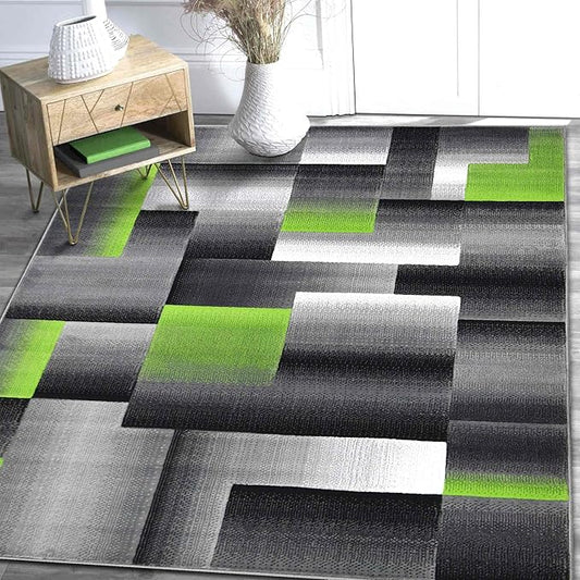 HR 5’ x 7’ Rug in Electric Green - Premium Quality Green/Black/Gray Abstract Geometric Modern Squares Pattern Area Rug - Contemporary Styling for Living Room, Bedroom - Unique Home Decor