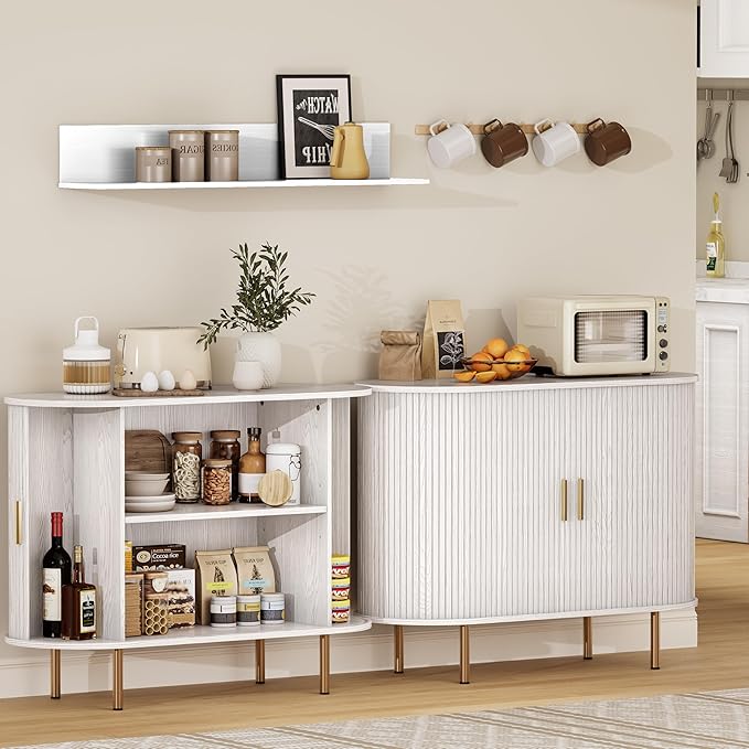 DHH Sideboard Buffet Cabinet with Storage,Mid Century Modern Fluted Accent Coffee Bar Console Table,Tambour Sliding Doors& Adjustable Shelf for Kitchen, Living Room, Entryway (White, 40 Inch)