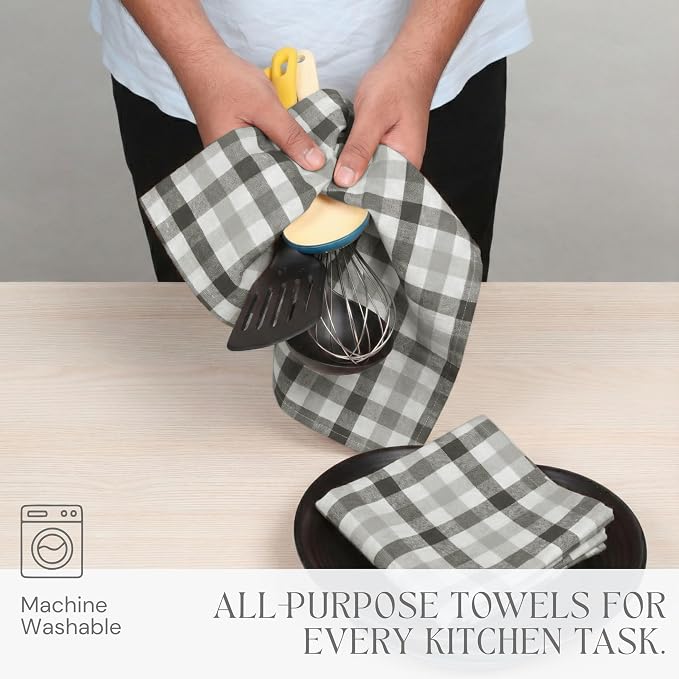 Checked Kitchen Towels 12 Pack, 18x26 Inches, Absorbent Dish Cloths, Reusable and Washable Tea Towels for Drying and Cleaning, Quick Dry Wash Rags - Light & Grey, Natural