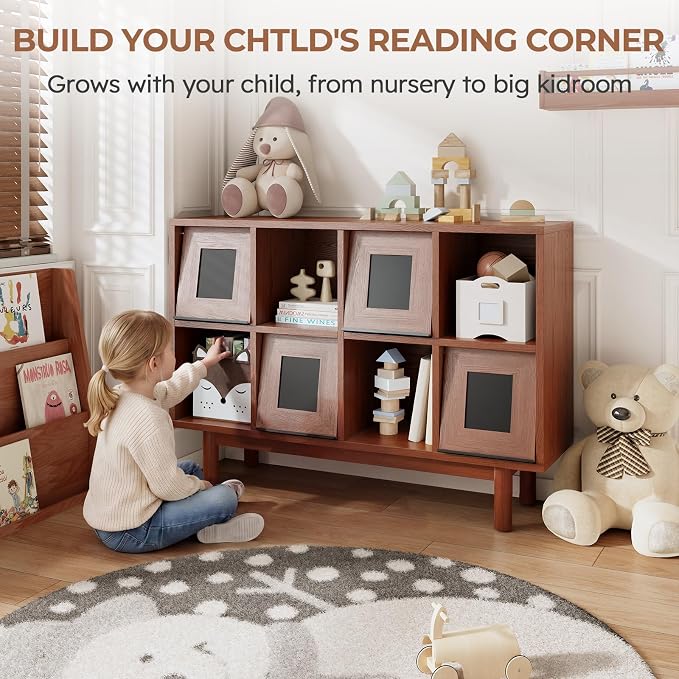 Solid Wood 8 Cube Storage Organizer, Horizontal Bookshelf with Storage, 2 Shelf Bookcase with Glass Doors TV Stand Bookshelf, Small Book Shelf for Kids Rooms, Bedroom, Living Room, Offices (47.2 Wide)