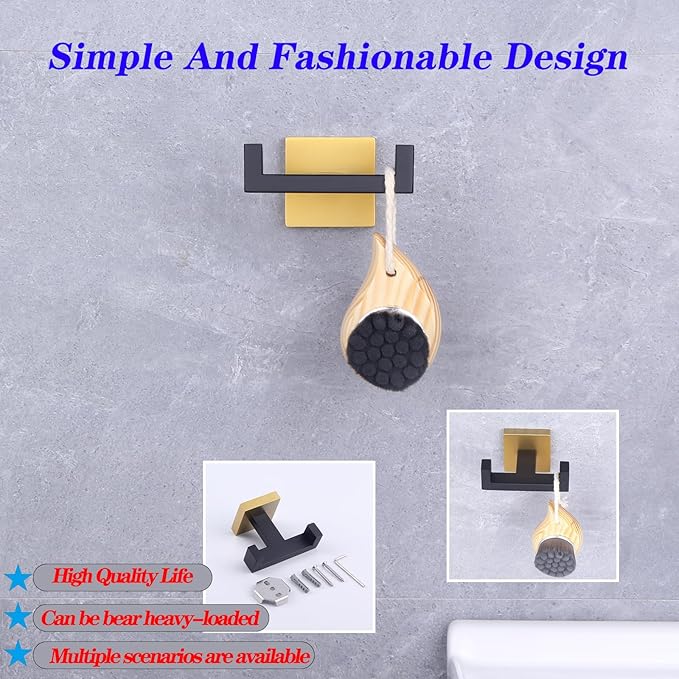 GERZWY Stainless Steel Coat/Robe Clothes Hook for Bath Kitchen Modern Hotel Style, Bathroom Double Towel Hook Wall Mounted (Black & Gold) AG1407B-BD