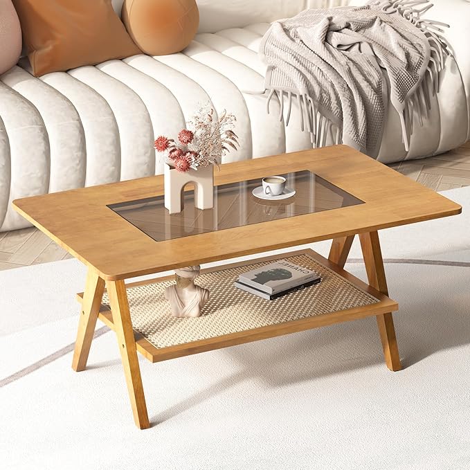 Mid Century Modern Coffee Table with Glass Top and Rattan Storage Shelf, Rectangular Natural Wooden Coffee Table, Unique Center Tables for Living Room Apartment Home, 39.4 Inch