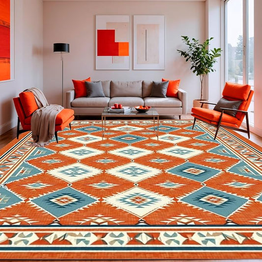 Flatwoven High Traffic Area Rug 8x10, Timeless Southwestern for Eclectic, Non Slip, Stain Resistant, Washable Area Rugs for Living Room, Bedroom (Orange, 8x10)